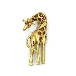 Vintage Cute Tall Gold Toned GIRAFFE Orange Enamel 2-3/4" Brooch Pin